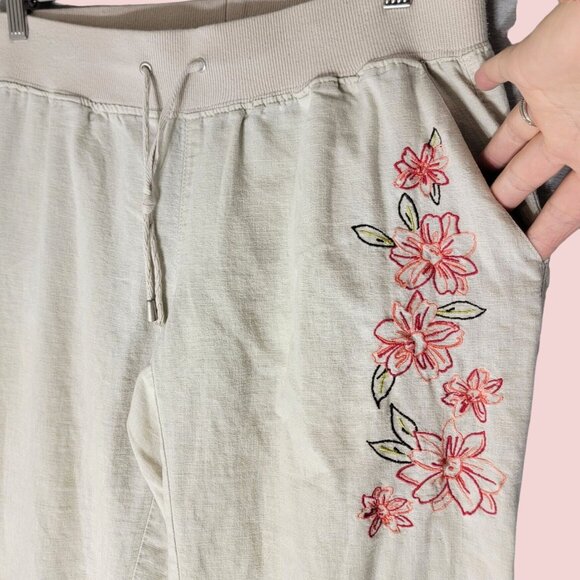 Fluent Life Linen Drawstring Casual Embroidered Pants Sz 6 Beige Neutral Floral - Picture 2 of 12